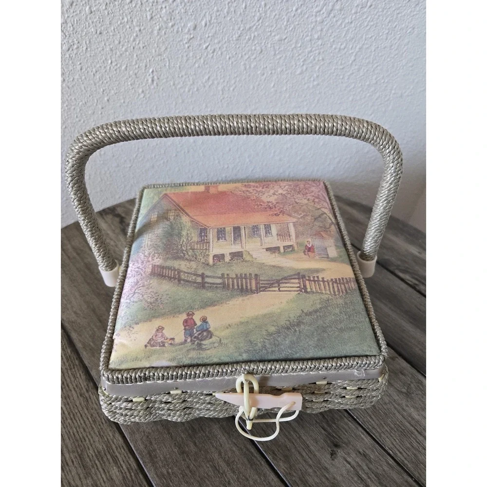 Vintage Woven Wicker Sewing Storage Basket Handled Lined Country Farmhouse Scene